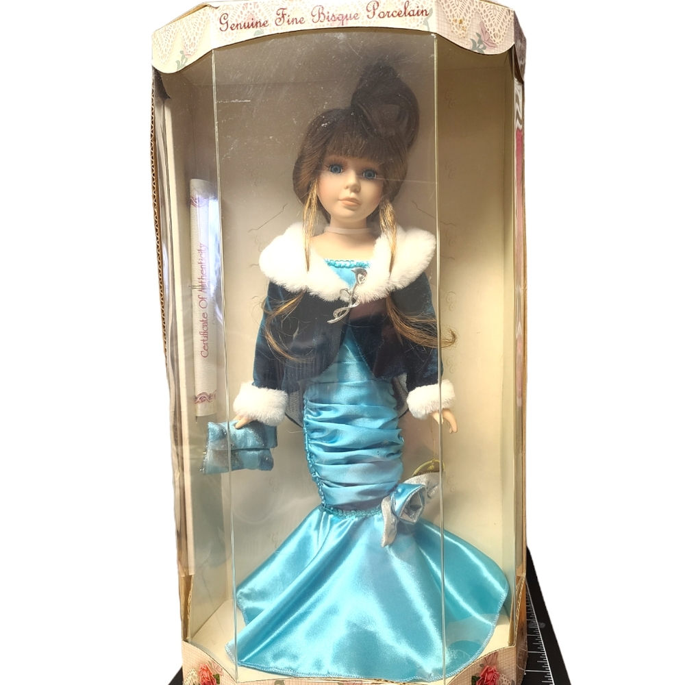 Collector's Choice Hand Painted Bisque Porcelain Doll Blue Dress, Brooch, Purse